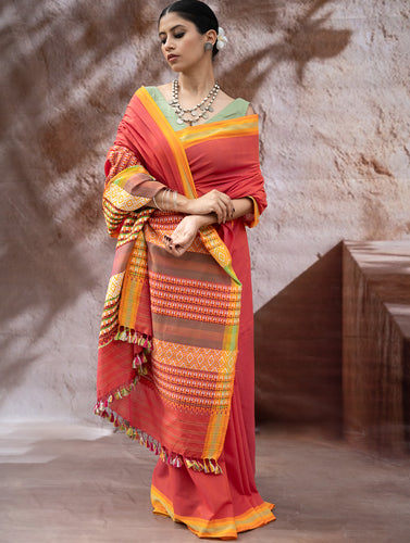 Striking Elegance. Exclusive Handwoven North-East Cotton Saree - Coral Reverie