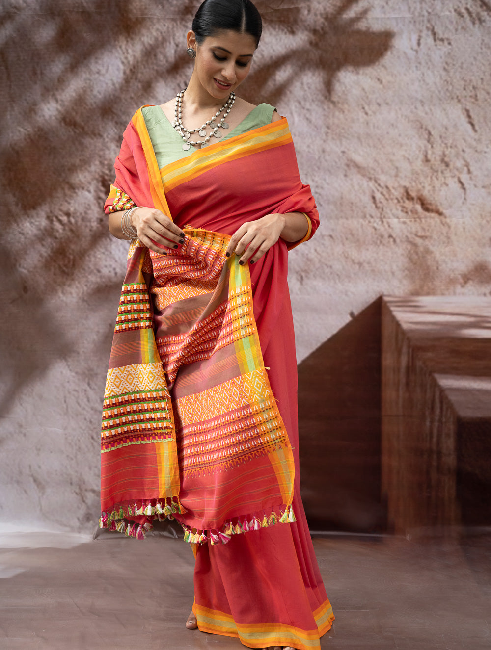 Load image into Gallery viewer, Striking Elegance. Exclusive Handwoven North-East Cotton Saree - Coral Reverie