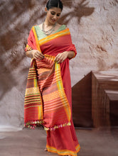 Load image into Gallery viewer, Striking Elegance. Exclusive Handwoven North-East Cotton Saree - Coral Reverie