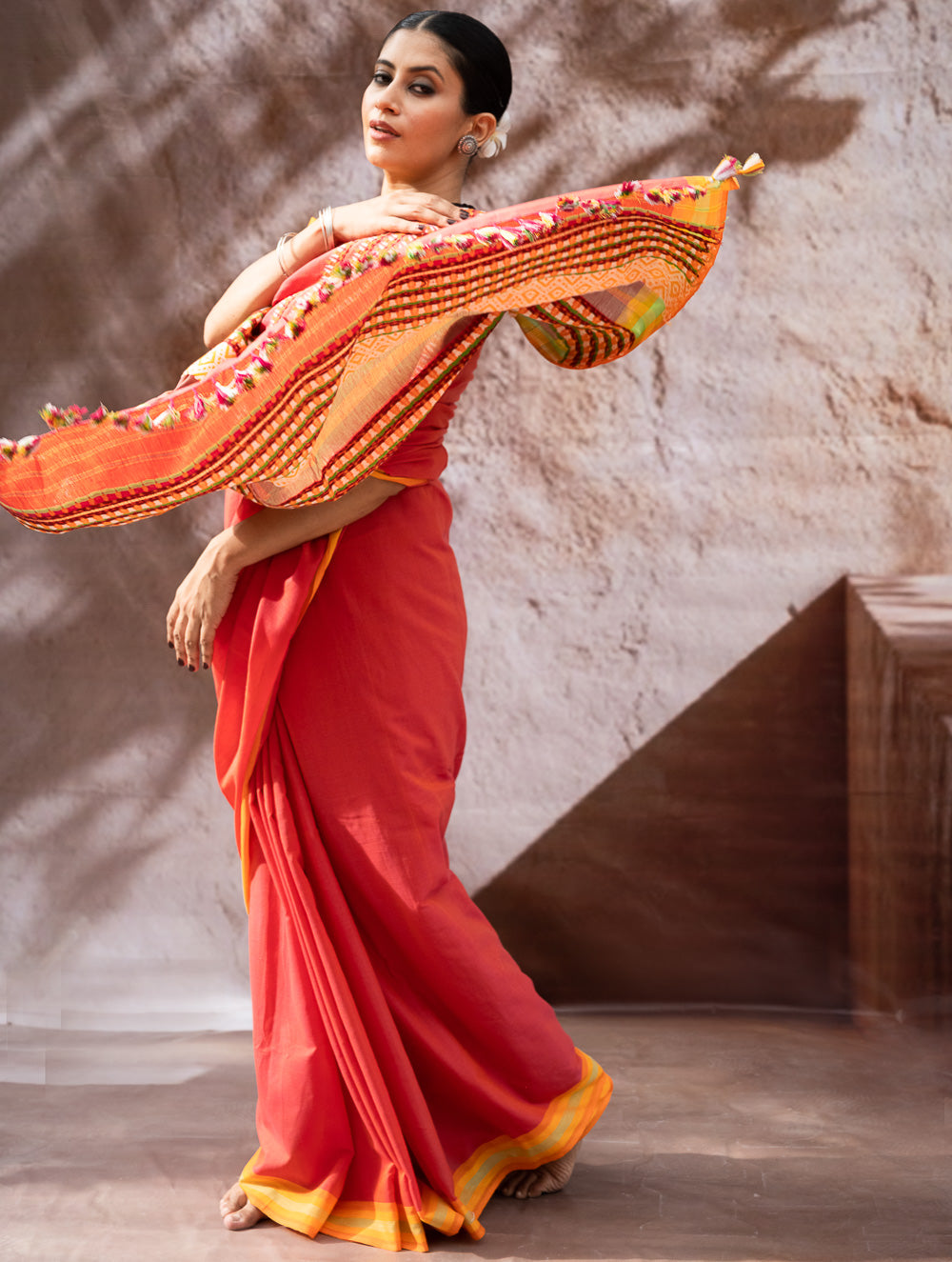 Load image into Gallery viewer, Striking Elegance. Exclusive Handwoven North-East Cotton Saree - Coral Reverie