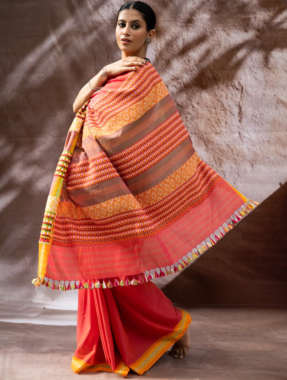 Load image into Gallery viewer, Striking Elegance. Exclusive Handwoven North-East Cotton Saree - Coral Reverie