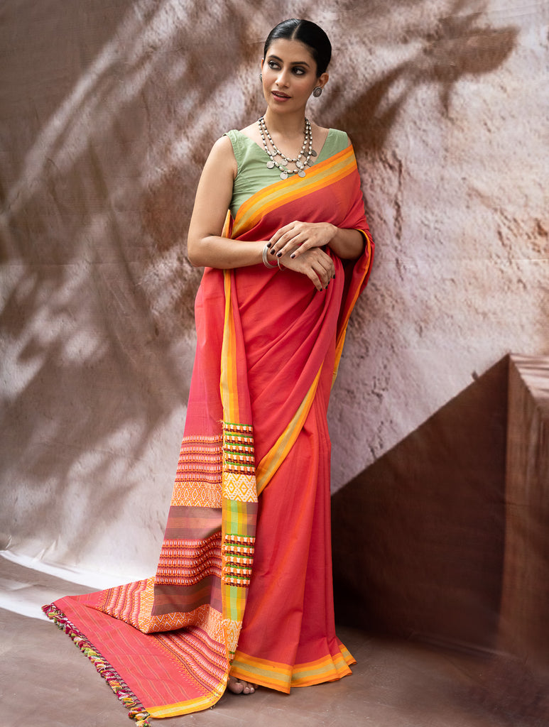 Striking Elegance. Exclusive Handwoven North-East Cotton Saree - Coral Reverie
