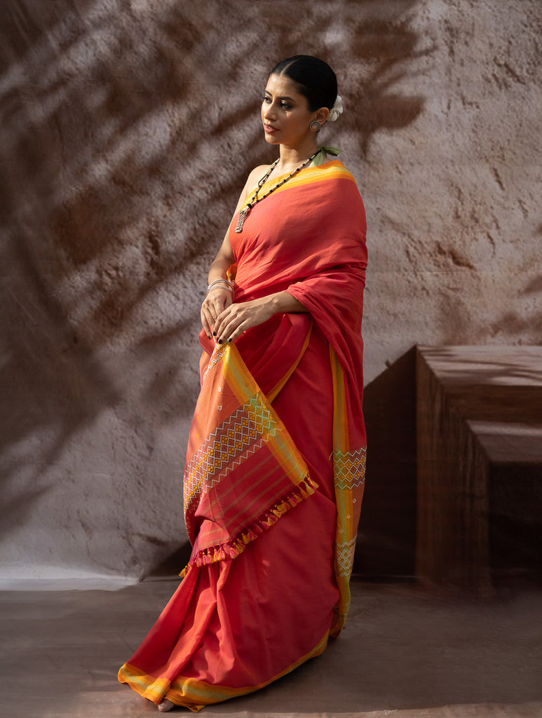 Striking Elegance. Exclusive Handwoven North-East Cotton Saree - Flamingo