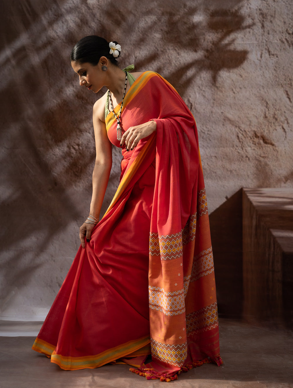 Load image into Gallery viewer, Striking Elegance. Exclusive Handwoven North-East Cotton Saree - Flamingo