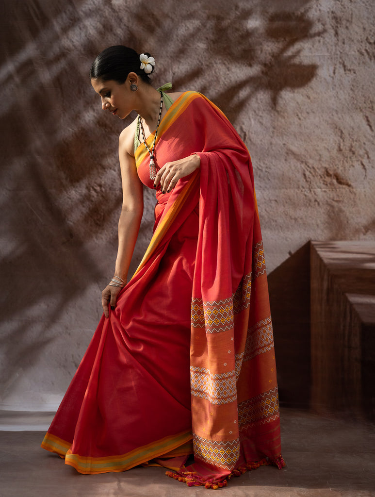 Striking Elegance. Exclusive Handwoven North-East Cotton Saree - Flamingo