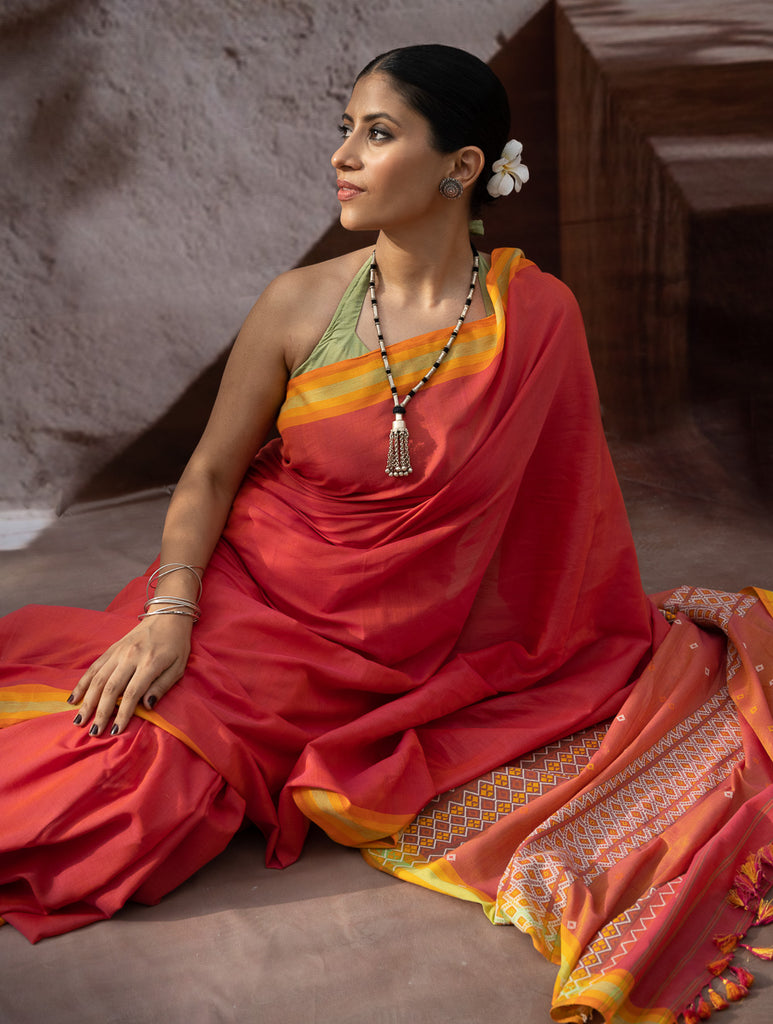 Striking Elegance. Exclusive Handwoven North-East Cotton Saree - Flamingo