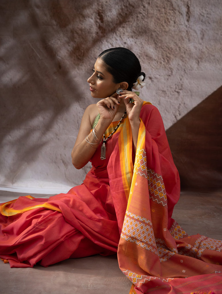 Striking Elegance. Exclusive Handwoven North-East Cotton Saree - Flamingo
