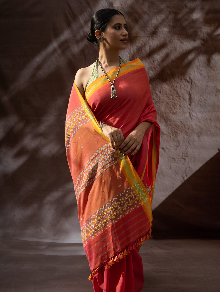 Striking Elegance. Exclusive Handwoven North-East Cotton Saree - Flamingo