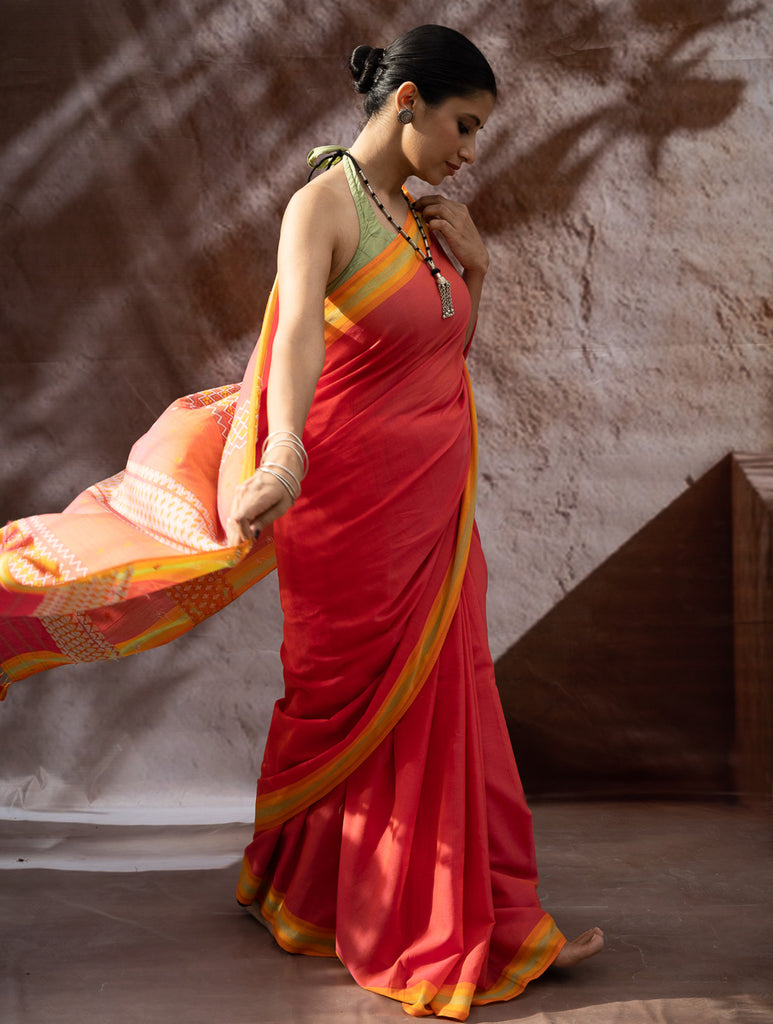 Striking Elegance. Exclusive Handwoven North-East Cotton Saree - Flamingo