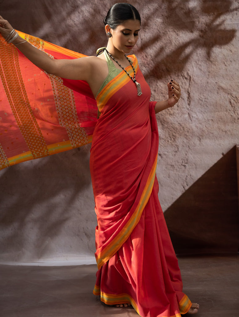 Striking Elegance. Exclusive Handwoven North-East Cotton Saree - Flamingo