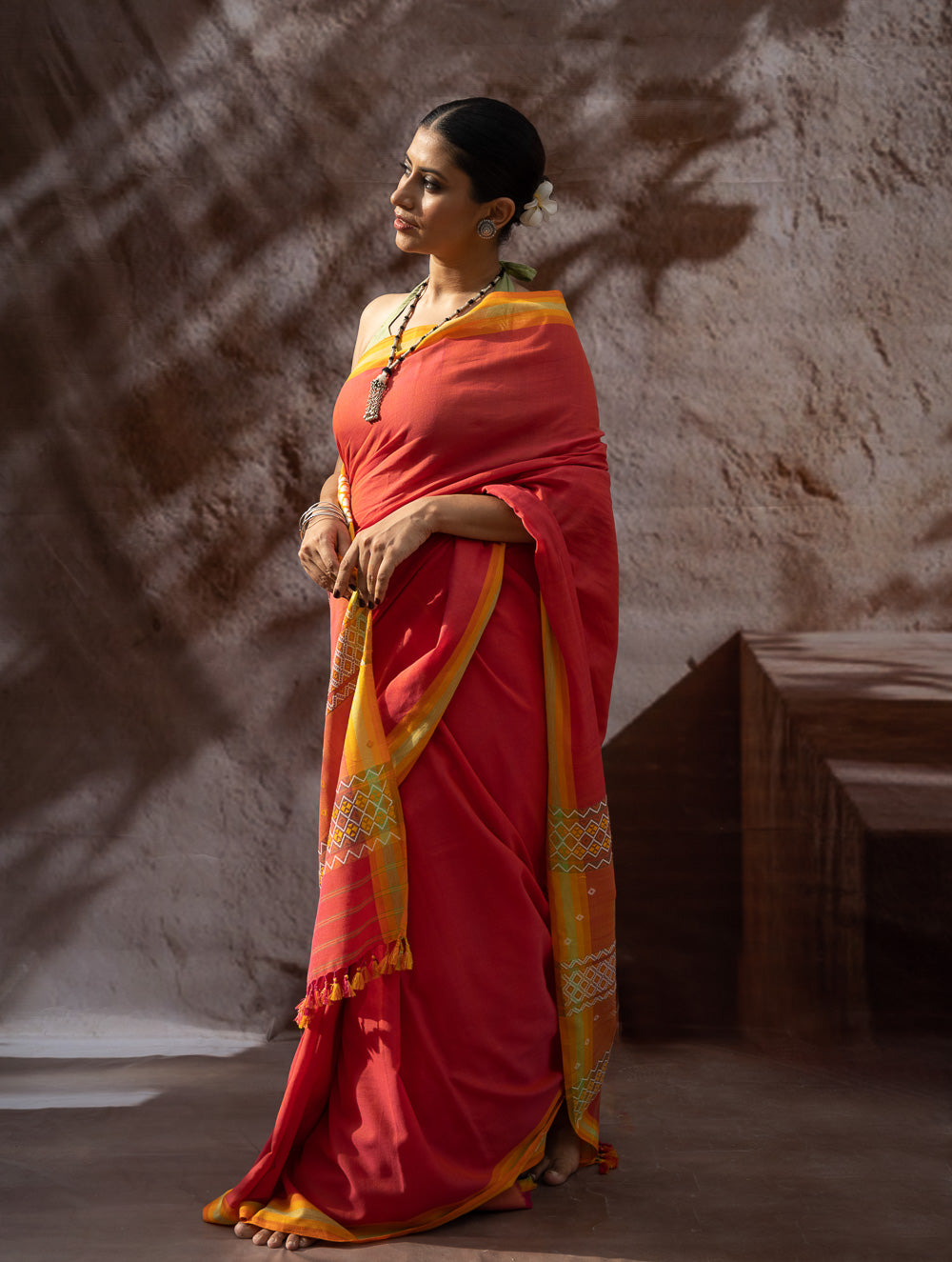 Load image into Gallery viewer, Striking Elegance. Exclusive Handwoven North-East Cotton Saree - Flamingo
