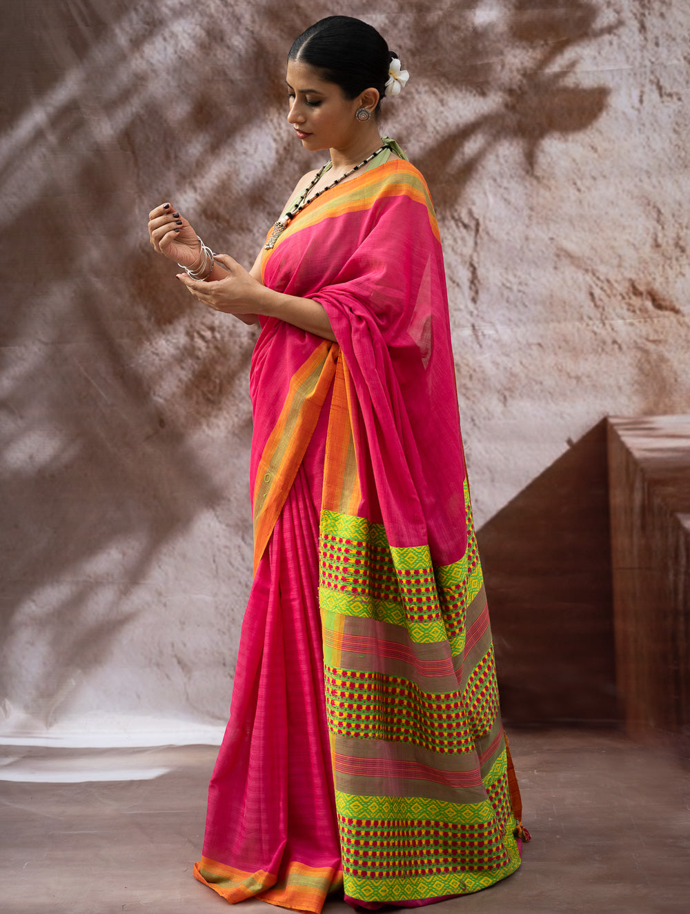 Load image into Gallery viewer, Striking Elegance. Exclusive Handwoven North-East Cotton Saree - Fuchsia Grid