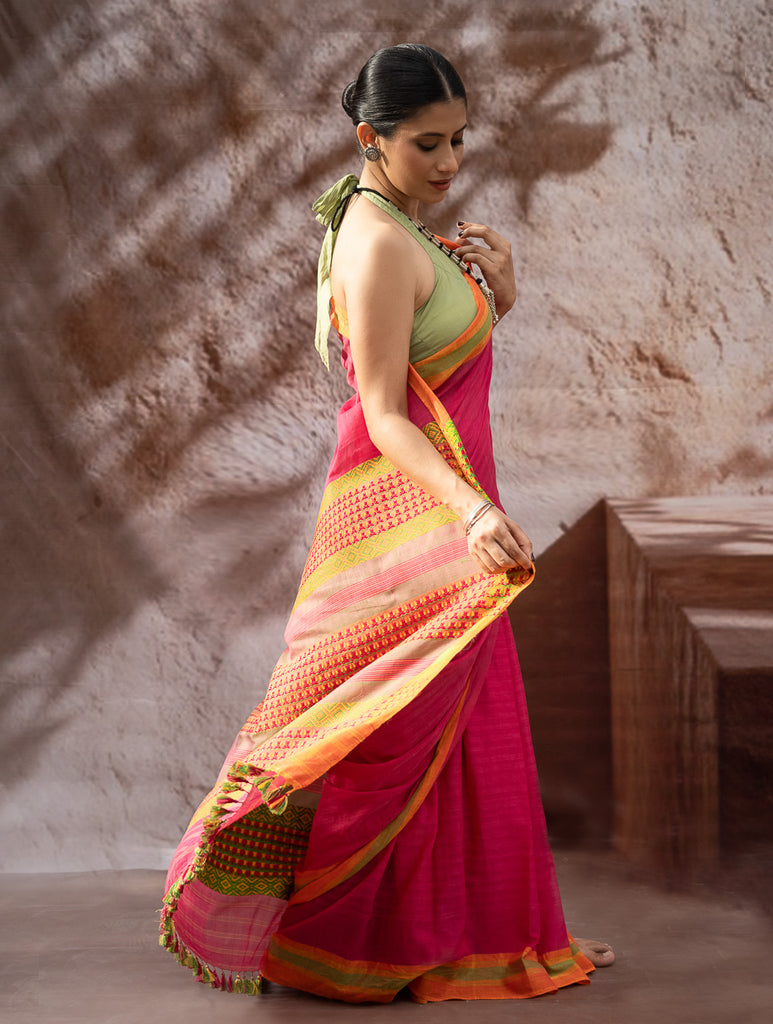 Striking Elegance. Exclusive Handwoven North-East Cotton Saree - Fuchsia Grid