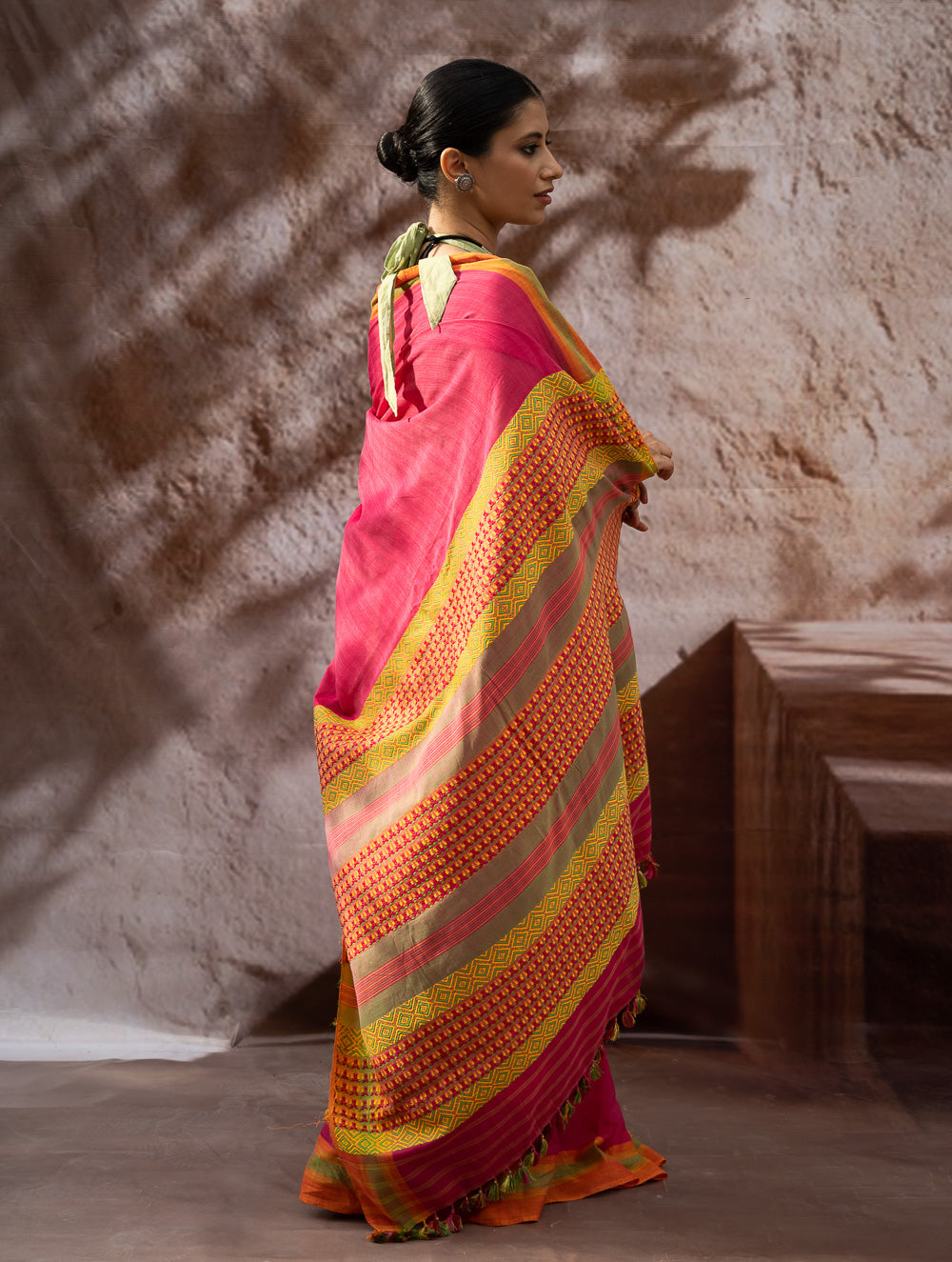 Load image into Gallery viewer, Striking Elegance. Exclusive Handwoven North-East Cotton Saree - Fuchsia Grid