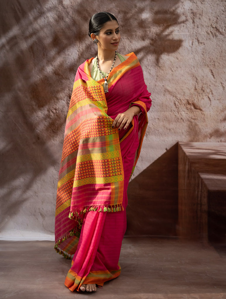 Striking Elegance. Exclusive Handwoven North-East Cotton Saree - Fuchsia Grid