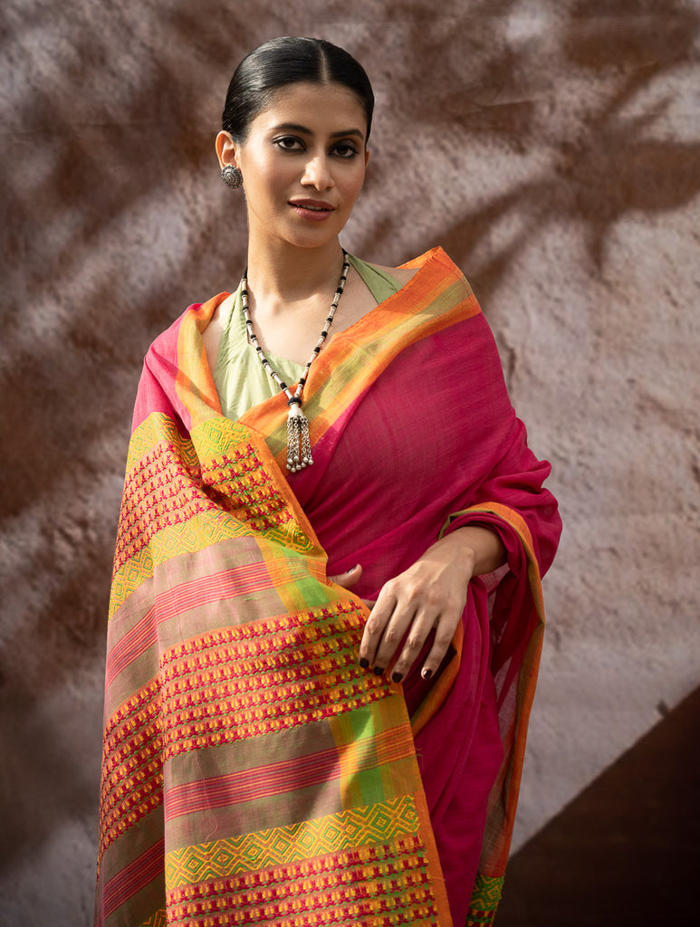 Striking Elegance. Exclusive Handwoven North-East Cotton Saree - Fuchsia Grid