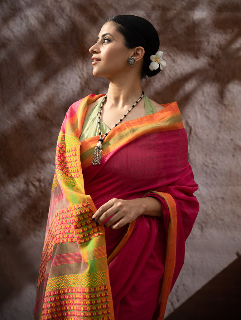 Striking Elegance. Exclusive Handwoven North-East Cotton Saree - Fuchsia Grid
