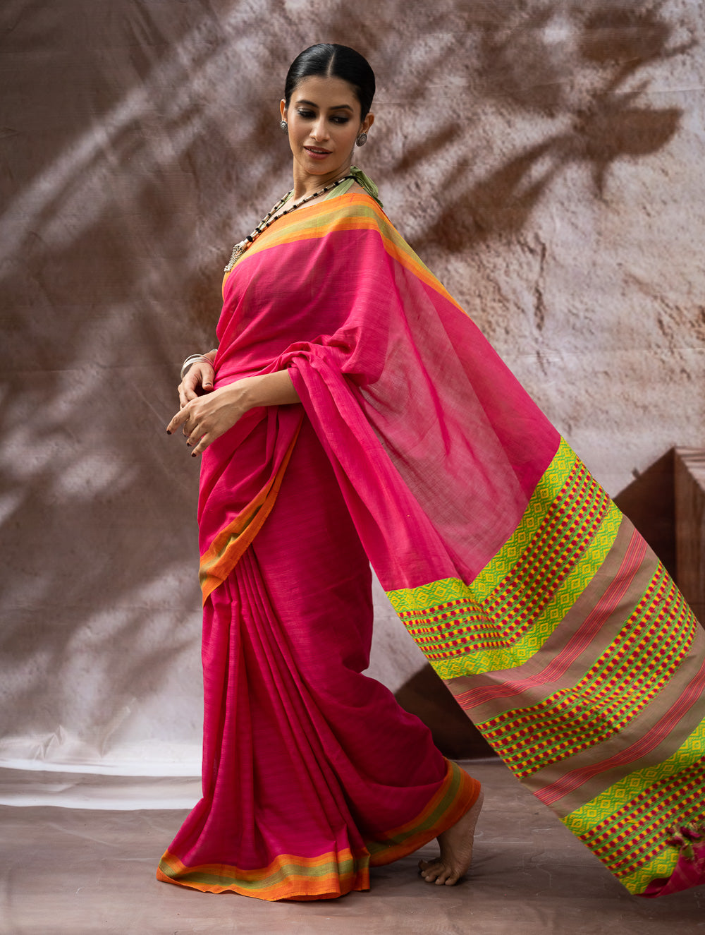 Load image into Gallery viewer, Striking Elegance. Exclusive Handwoven North-East Cotton Saree - Fuchsia Grid