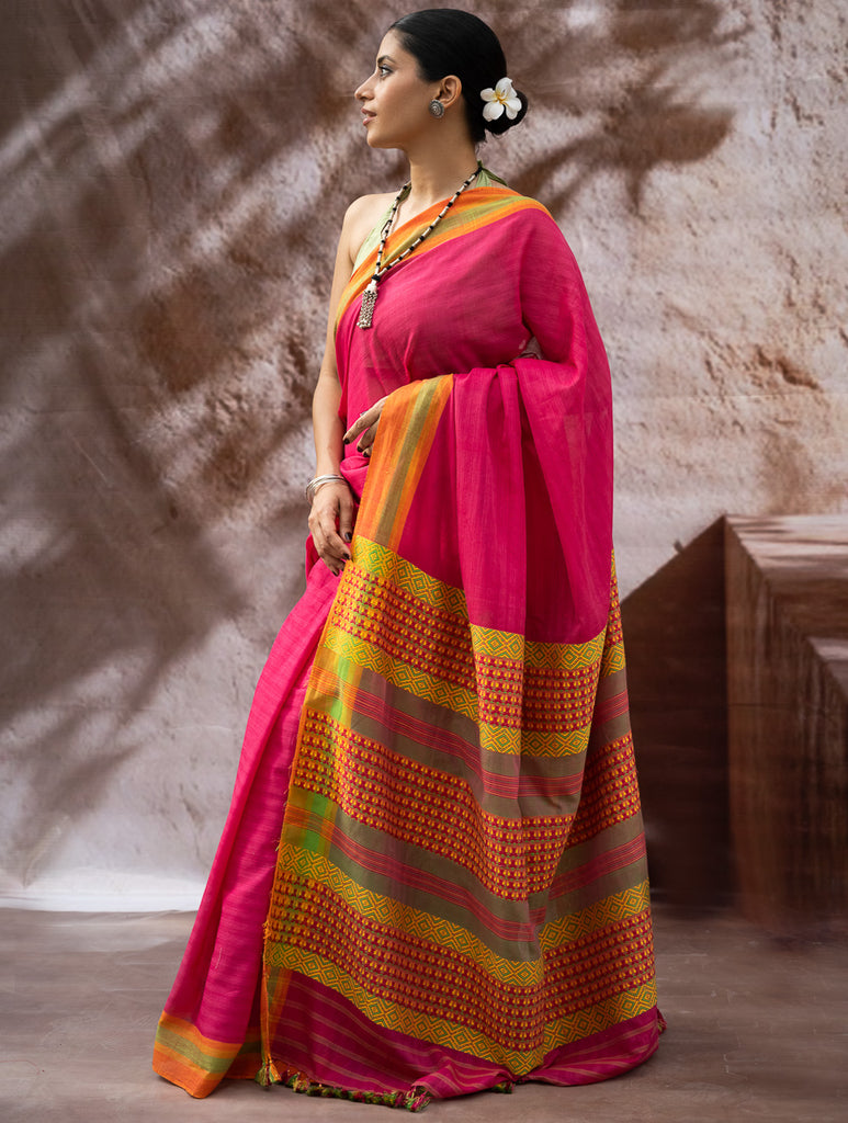 Striking Elegance. Exclusive Handwoven North-East Cotton Saree - Fuchsia Grid