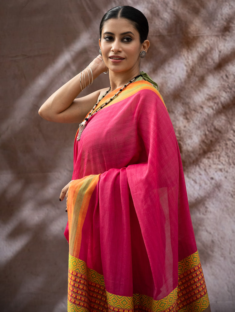 Striking Elegance. Exclusive Handwoven North-East Cotton Saree - Fuchsia Grid