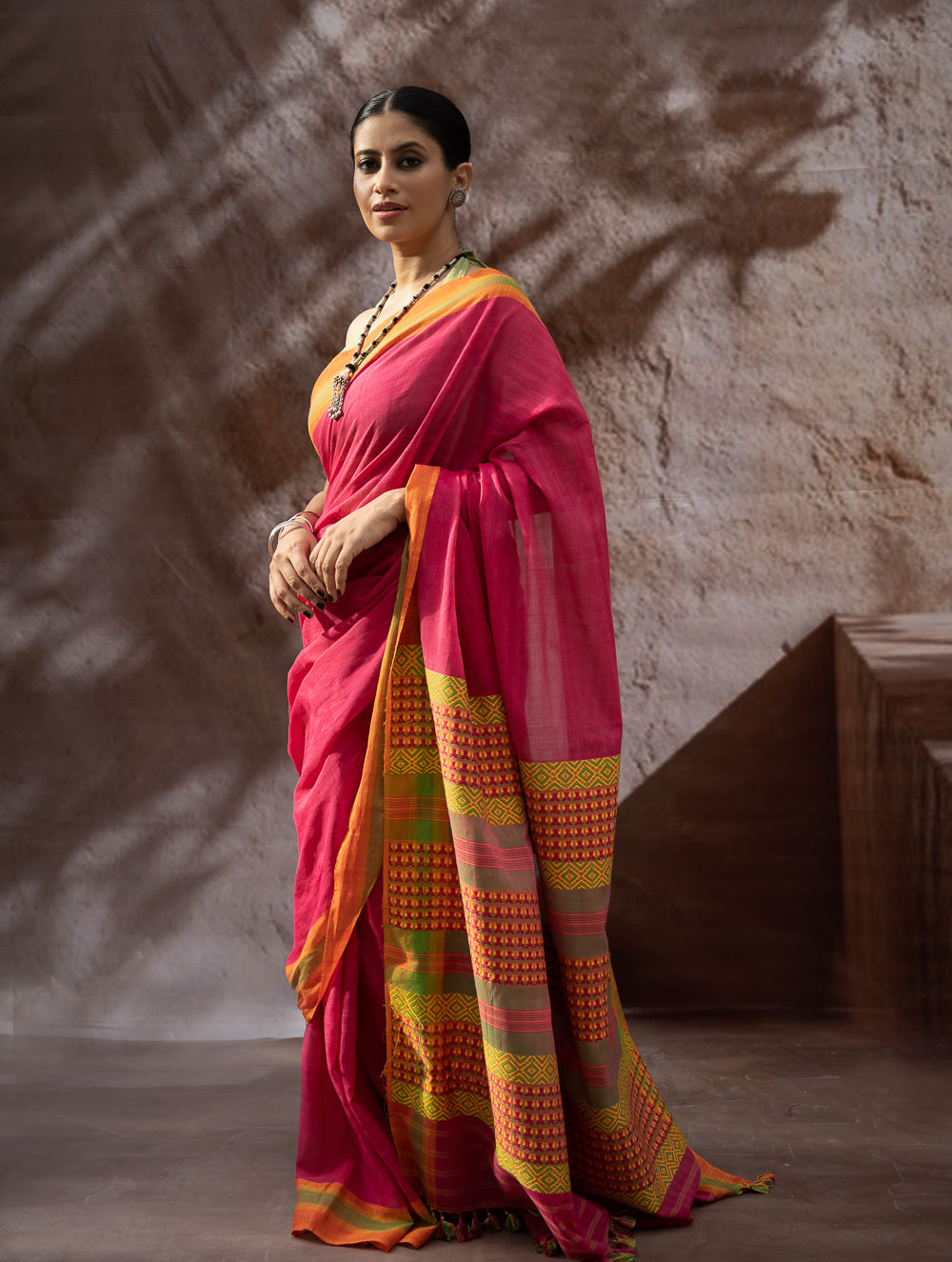 Load image into Gallery viewer, Striking Elegance. Exclusive Handwoven North-East Cotton Saree - Fuchsia Grid