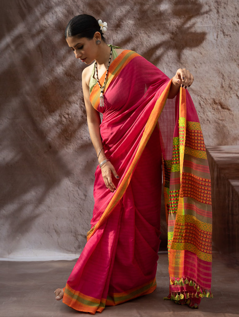 Striking Elegance. Exclusive Handwoven North-East Cotton Saree - Fuchsia Grid