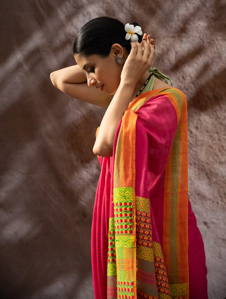 Striking Elegance. Exclusive Handwoven North-East Cotton Saree - Fuchsia Grid