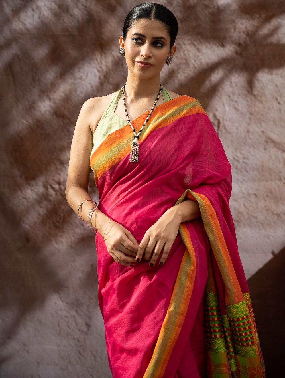Load image into Gallery viewer, Striking Elegance. Exclusive Handwoven North-East Cotton Saree - Fuchsia Grid