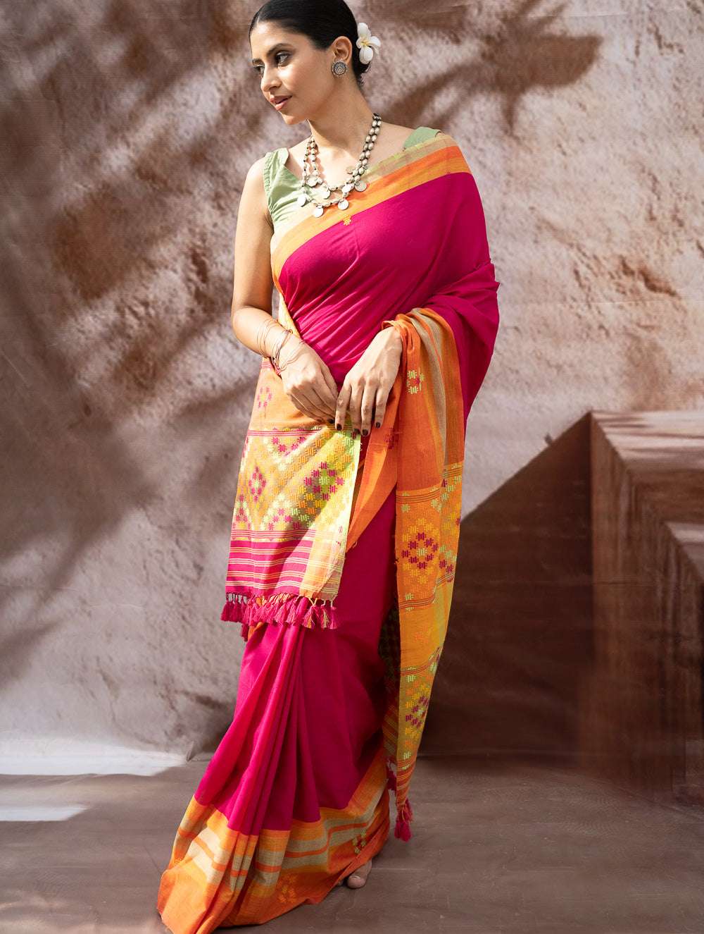 Load image into Gallery viewer, Striking Elegance. Exclusive Handwoven North-East Cotton Saree - Fuchsia Tapestry
