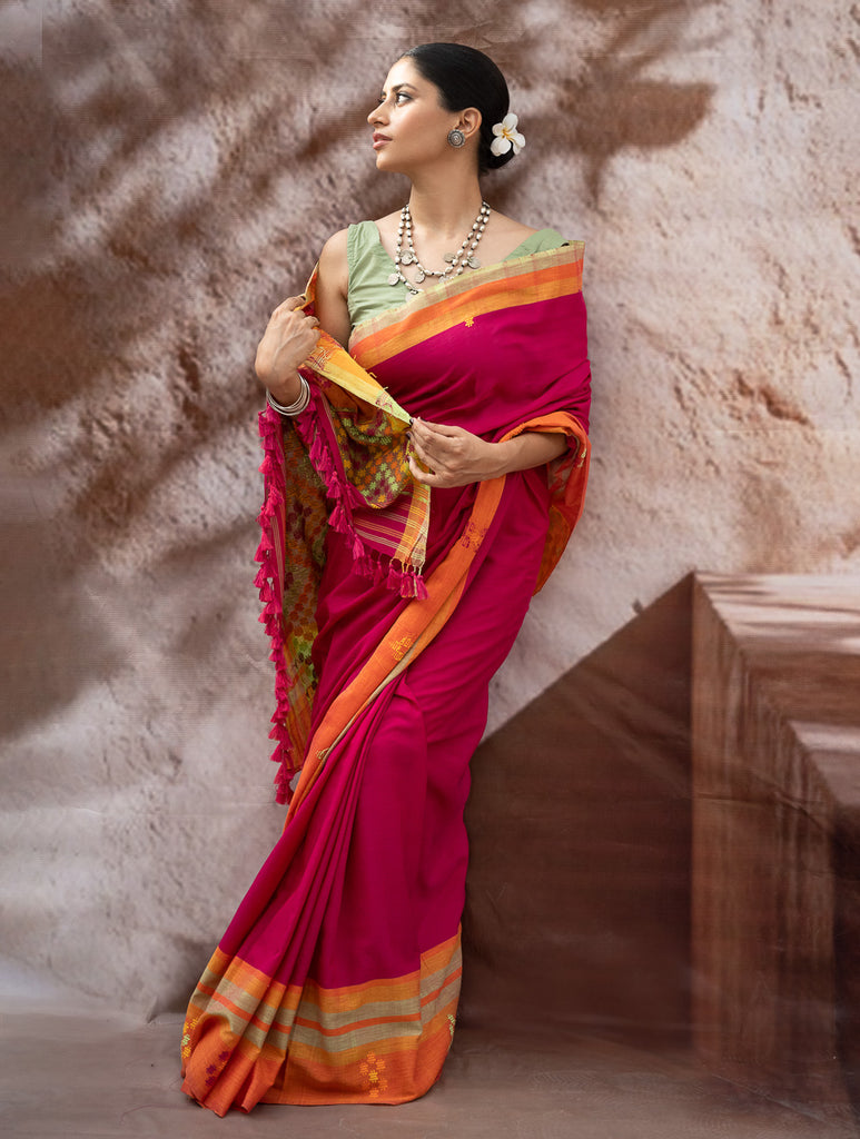 Striking Elegance. Exclusive Handwoven North-East Cotton Saree - Fuchsia Tapestry