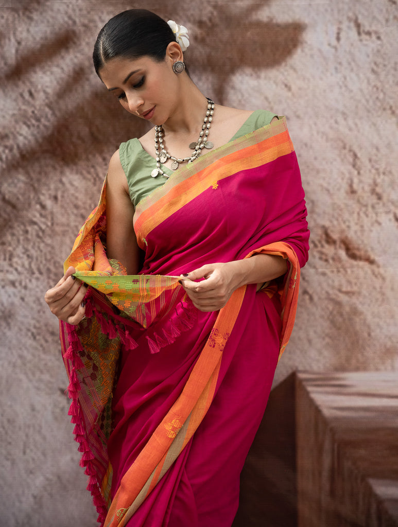 Striking Elegance. Exclusive Handwoven North-East Cotton Saree - Fuchsia Tapestry