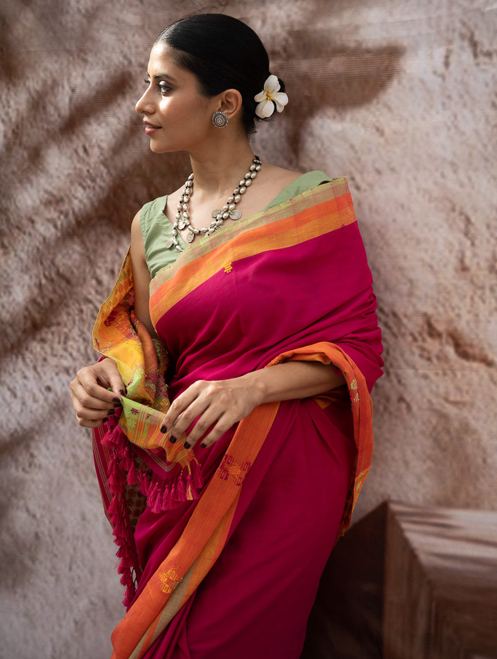 Load image into Gallery viewer, Striking Elegance. Exclusive Handwoven North-East Cotton Saree - Fuchsia Tapestry