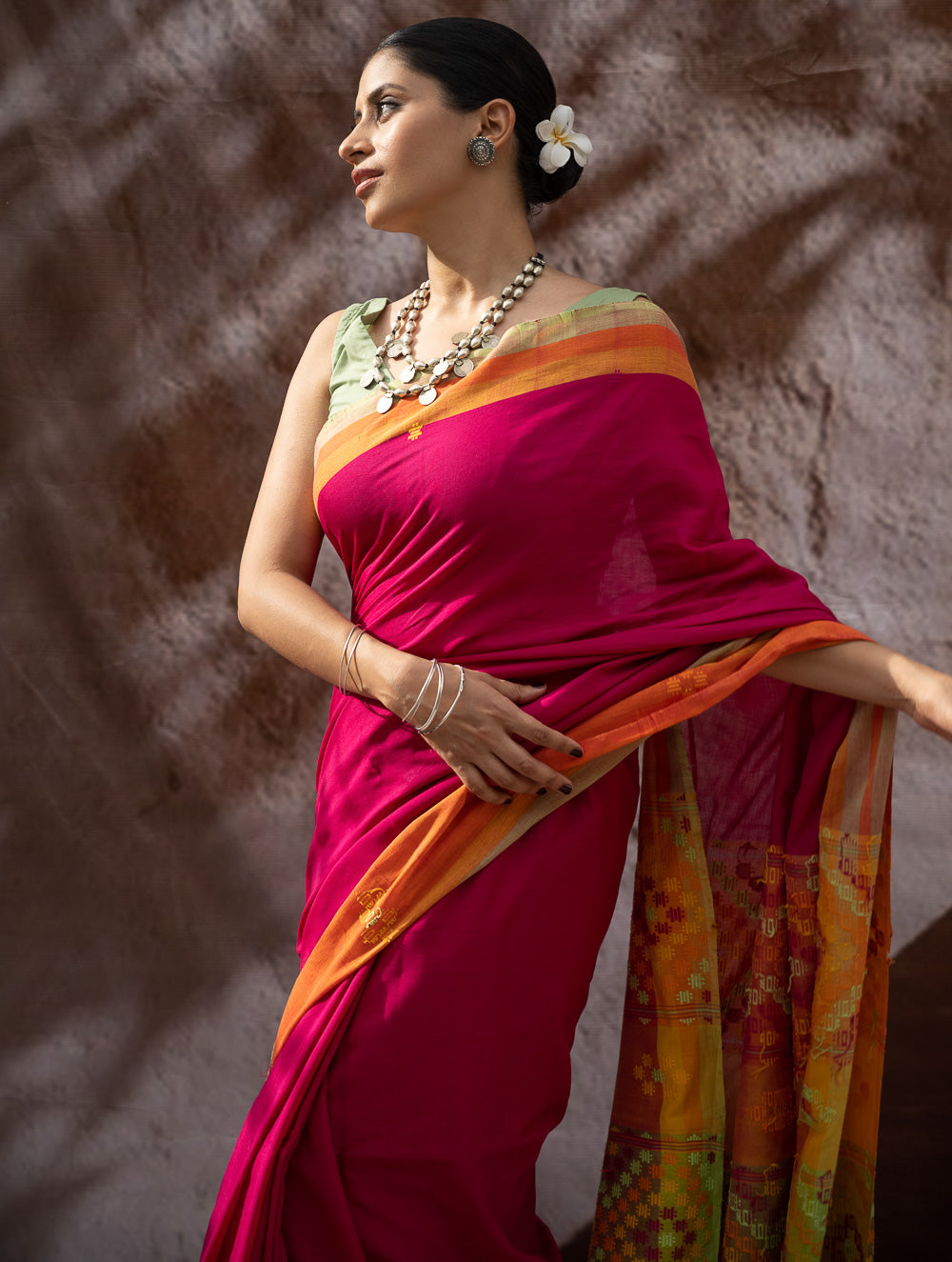 Load image into Gallery viewer, Striking Elegance. Exclusive Handwoven North-East Cotton Saree - Fuchsia Tapestry