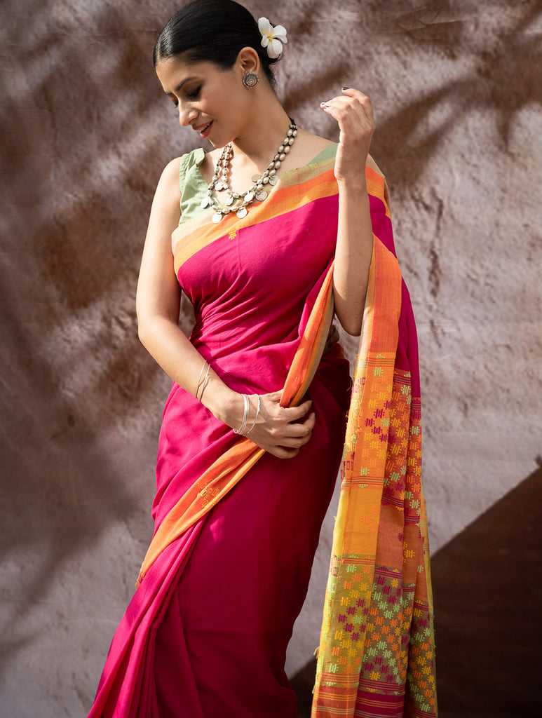 Striking Elegance. Exclusive Handwoven North-East Cotton Saree - Fuchsia Tapestry