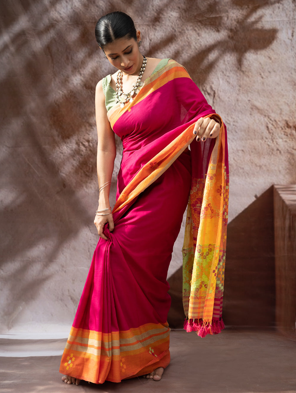 Load image into Gallery viewer, Striking Elegance. Exclusive Handwoven North-East Cotton Saree - Fuchsia Tapestry