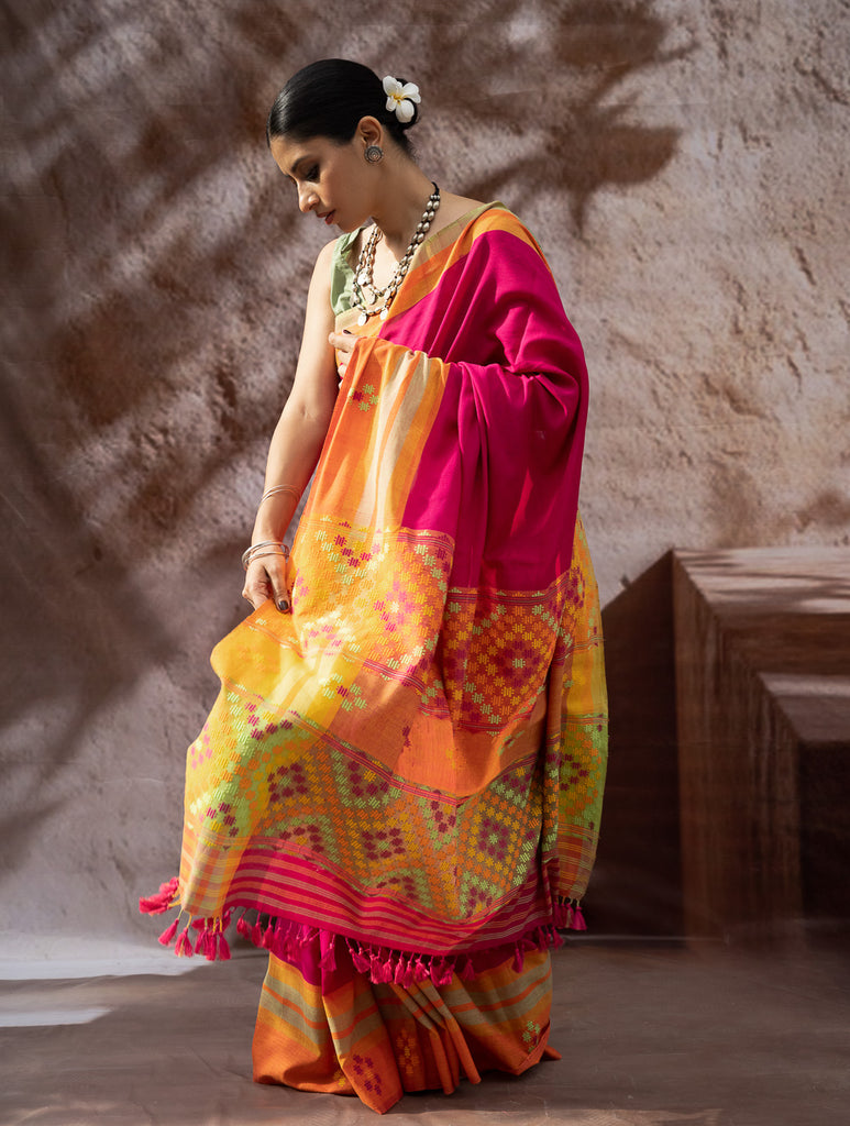 Striking Elegance. Exclusive Handwoven North-East Cotton Saree - Fuchsia Tapestry