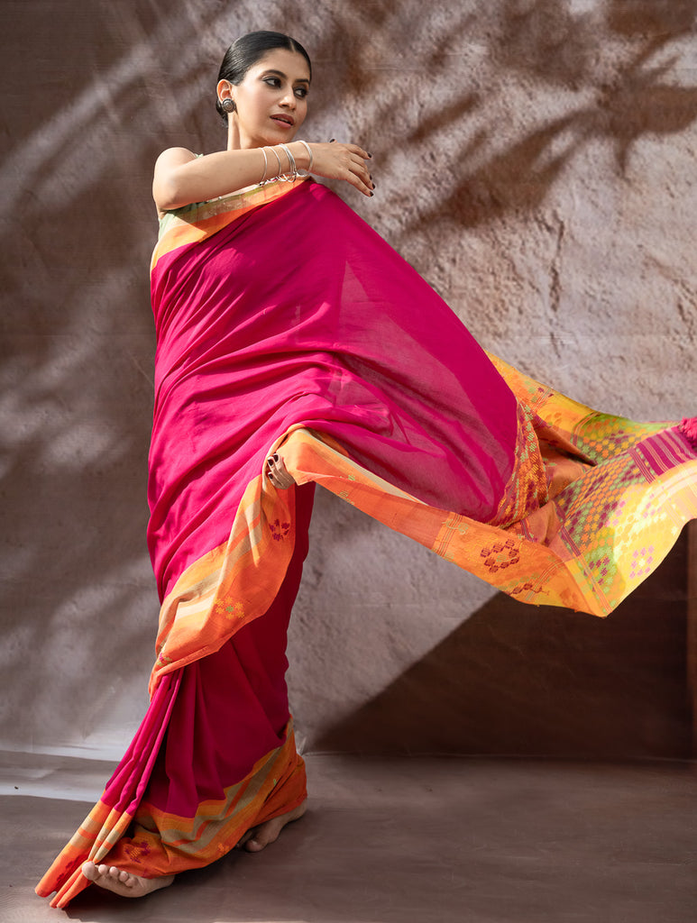Striking Elegance. Exclusive Handwoven North-East Cotton Saree - Fuchsia Tapestry