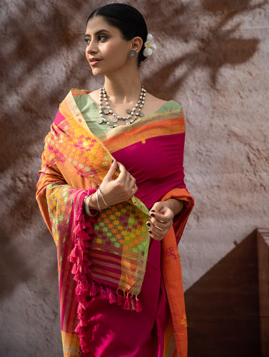 Striking Elegance. Exclusive Handwoven North-East Cotton Saree - Fuchsia Tapestry