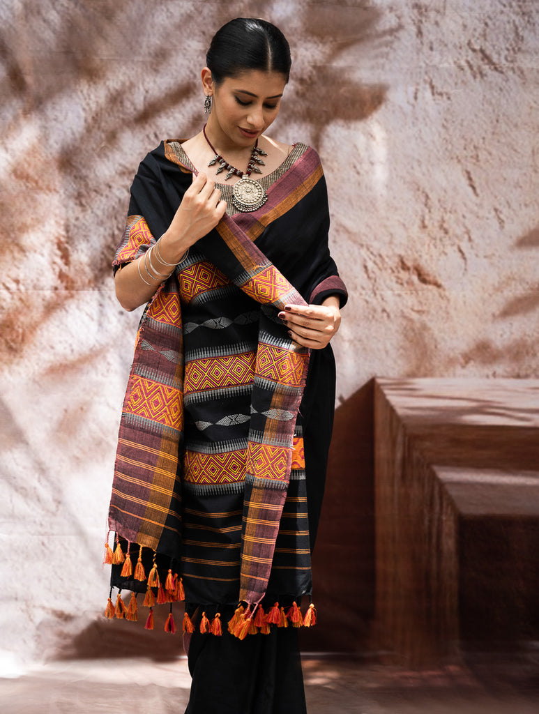 Striking Elegance. Exclusive Handwoven North-East Cotton Saree - Noir Blooms