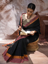 Load image into Gallery viewer, Striking Elegance. Exclusive Handwoven North-East Cotton Saree - Noir Blooms