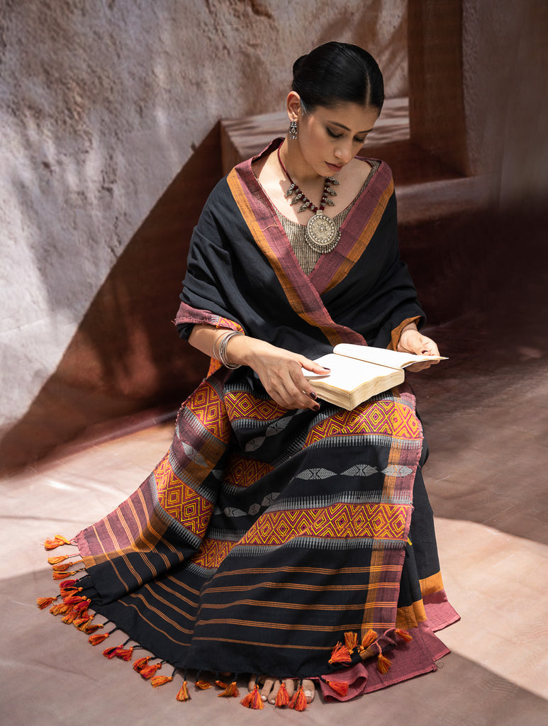 Striking Elegance. Exclusive Handwoven North-East Cotton Saree - Noir Blooms