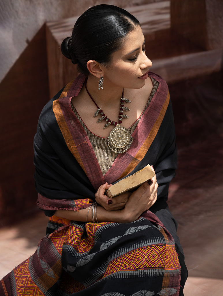 Striking Elegance. Exclusive Handwoven North-East Cotton Saree - Noir Blooms