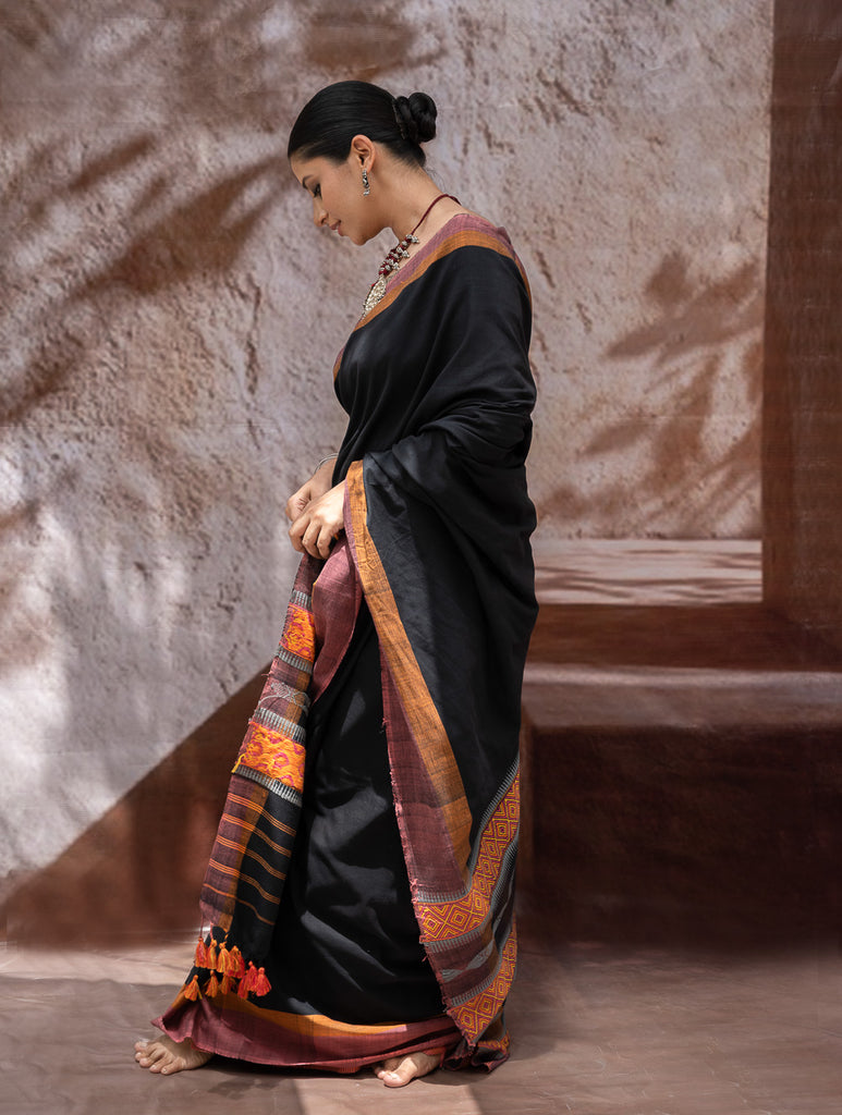 Striking Elegance. Exclusive Handwoven North-East Cotton Saree - Noir Blooms