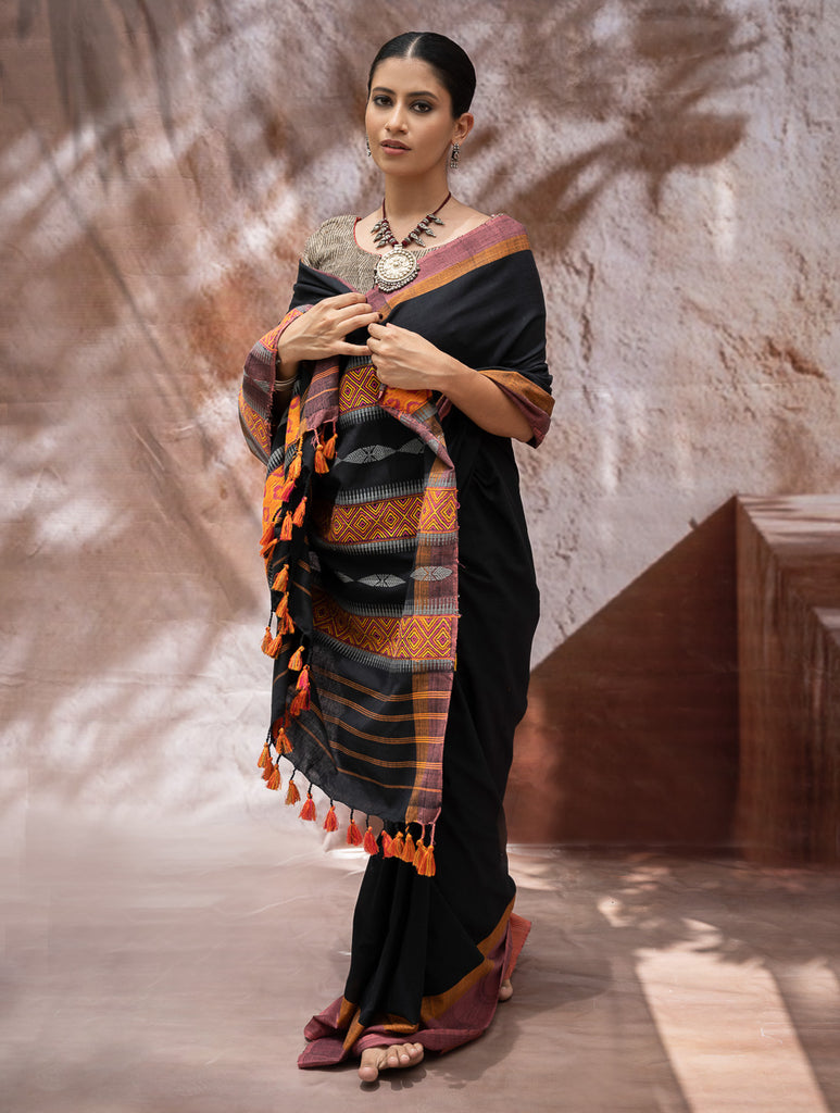 Striking Elegance. Exclusive Handwoven North-East Cotton Saree - Noir Blooms