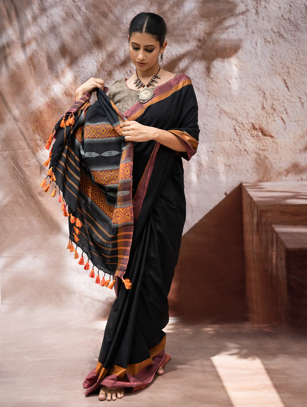 Load image into Gallery viewer, Striking Elegance. Exclusive Handwoven North-East Cotton Saree - Noir Blooms