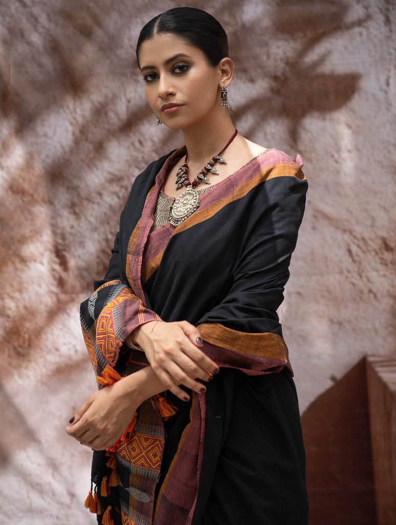 Striking Elegance. Exclusive Handwoven North-East Cotton Saree - Noir Blooms