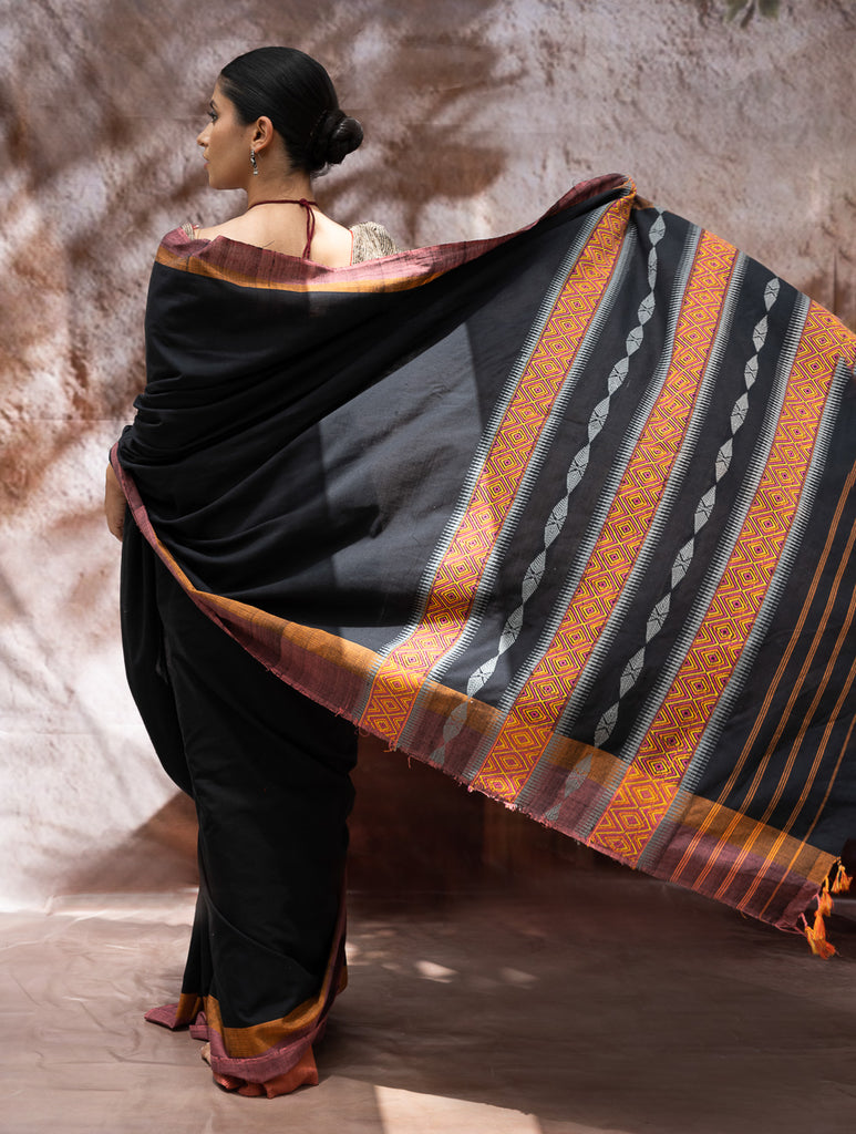 Striking Elegance. Exclusive Handwoven North-East Cotton Saree - Noir Blooms