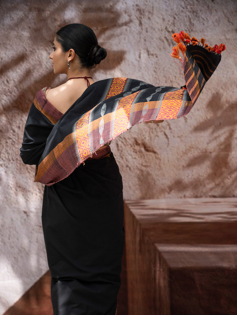 Striking Elegance. Exclusive Handwoven North-East Cotton Saree - Noir Blooms