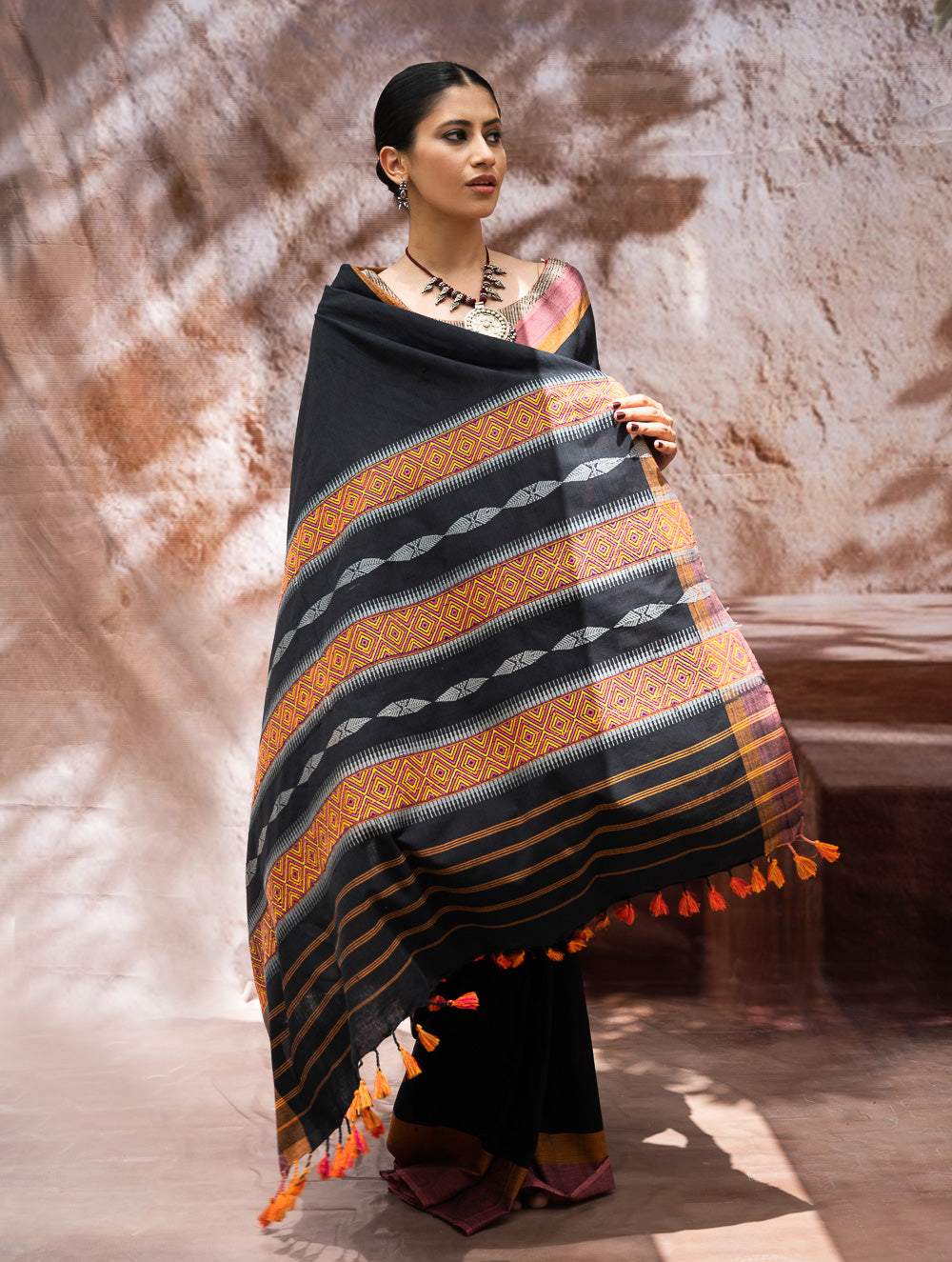 Load image into Gallery viewer, Striking Elegance. Exclusive Handwoven North-East Cotton Saree - Noir Blooms