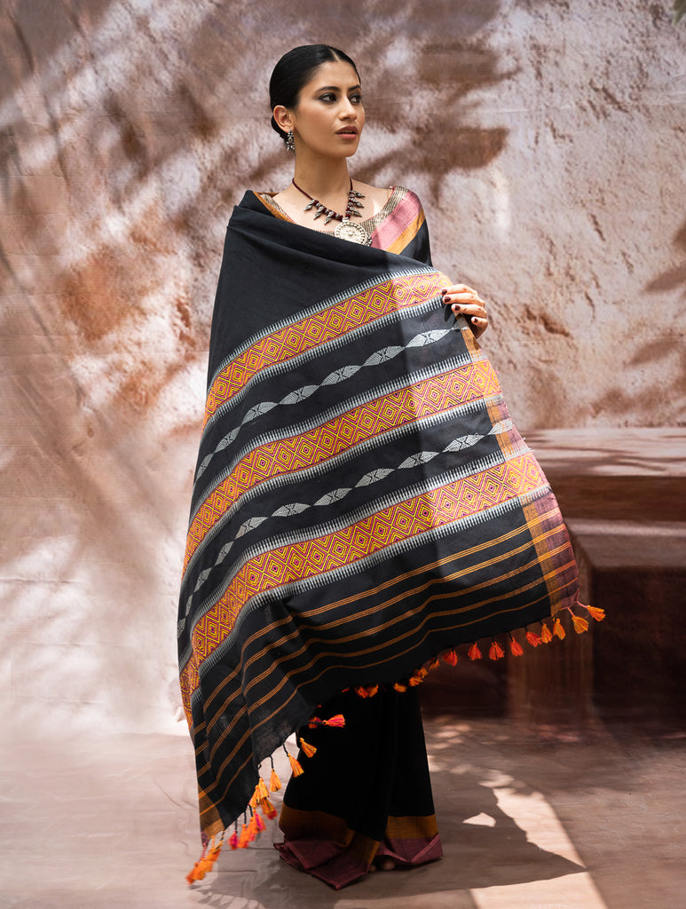 Striking Elegance. Exclusive Handwoven North-East Cotton Saree - Noir Blooms